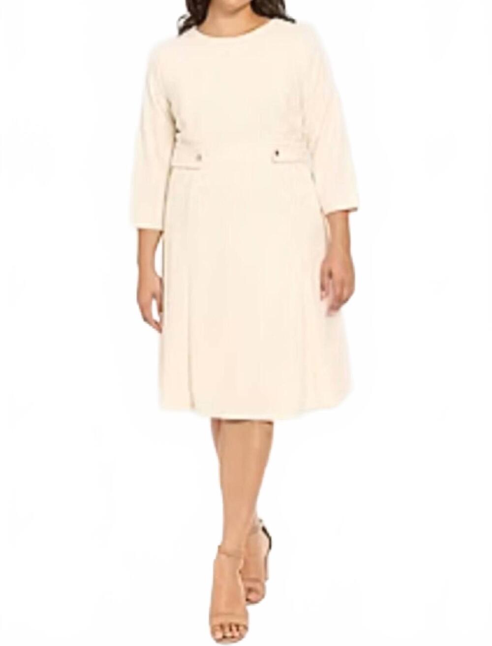 NEW LONDON TIMES 3/4 sleeve a-line midi dress in sugar ivory